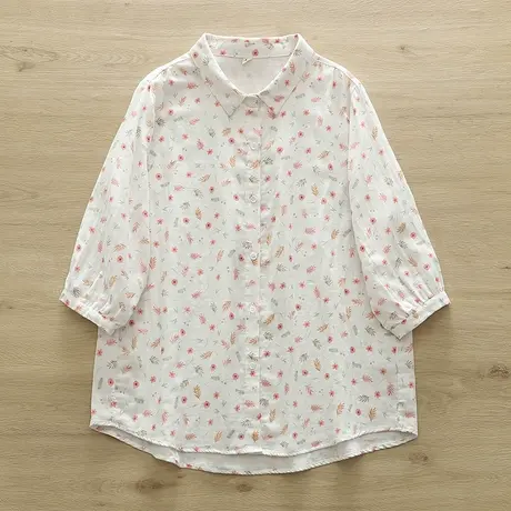 夏季文艺小清新柔软舒适双层纱纯棉五分袖衬衫女宽松休闲中袖上衣图片