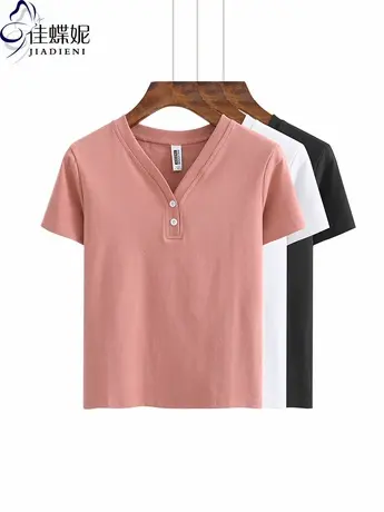 夏季新款V领露锁骨修身韩版百搭短袖简约纯棉上衣女装打底衫T恤纽商品大图
