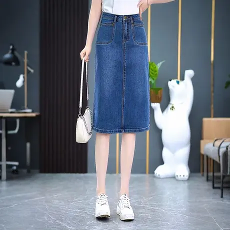 蓝色高腰中长牛仔裙女夏季薄款开叉包臀裙修身显瘦舒适A字半身裙商品大图