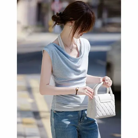 时尚假两件挂脖T恤2025年夏季新款女淑女温柔百搭条纹无袖上衣商品大图
