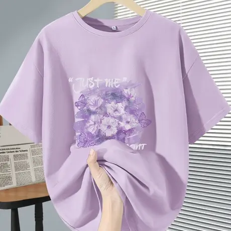 KWV真维斯纯棉短袖女t恤2025新款夏紫色上衣女适合胖mm的大码夏装商品大图