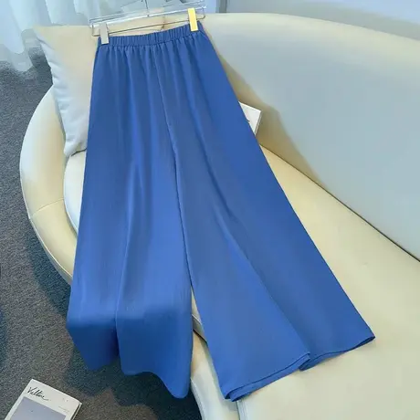 拉夏贝尔蓝色休闲裤女夏薄款阔腿裤宽松慵懒风2025新款高腰九分裤图片