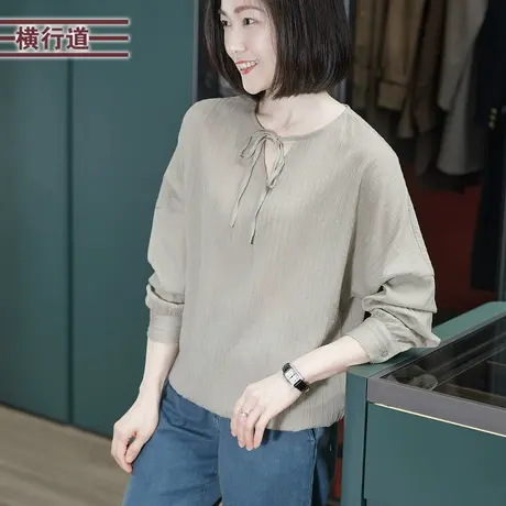 2025春季新款简约纯色V领系带蝙蝠袖宽松长袖上衣女大码外穿休闲商品大图