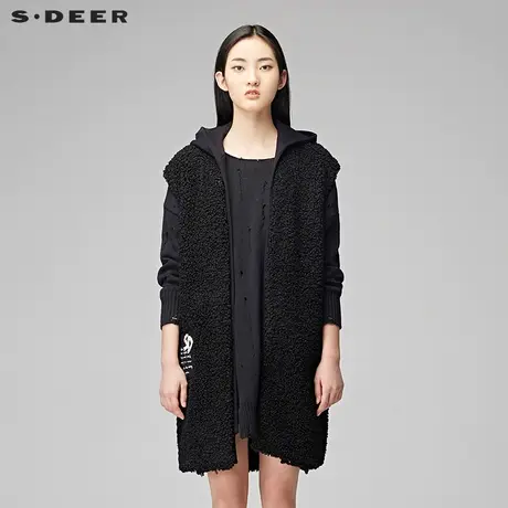 sdeer圣迪奥2018冬装贴布连帽无袖长款马夹背心S17481665图片
