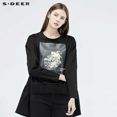 sdeer圣迪奥秋宽松字母印花松紧抽褶开衩摆圆领卫衣S19180221图片