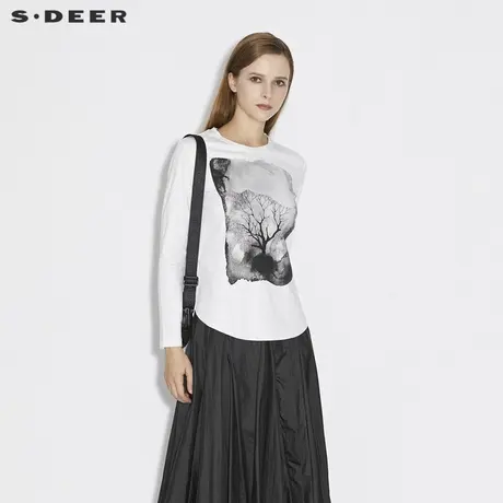 sdeer圣迪奥女装春秋装休闲圆领水墨印花白色长袖T恤S21380204图片