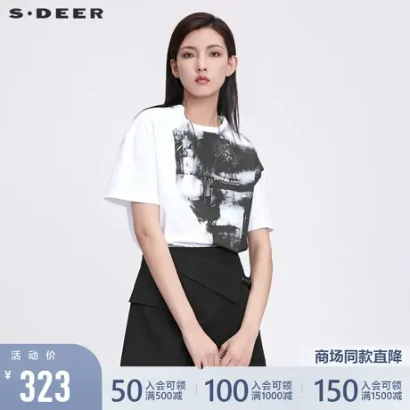 sdeer圣迪奥22夏装新品时尚圆领字母印花短袖宽松T恤女S22280145图片