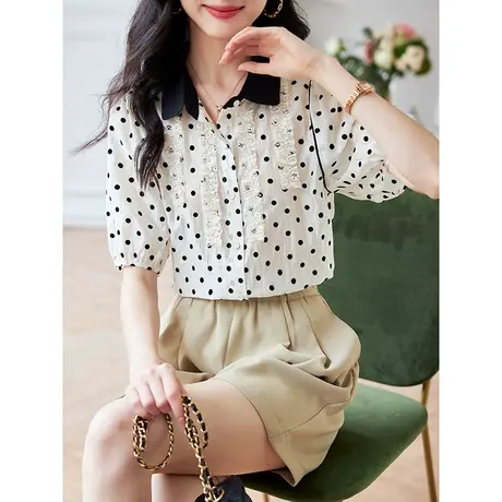 宝诗黎蕾丝拼接波点印花衬衫女气质宽松短袖衬衣夏季新款2025上衣图片