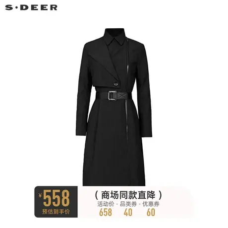 sdeer圣迪奥春秋装女装休闲收腰拼接肌理H型黑色大衣S22181802图片