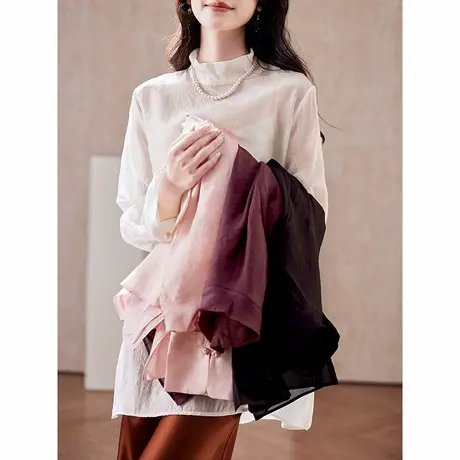 宝诗黎立领宽松镂空雪纺衫2025春季中长款简约休闲百搭薄款衬衣女图片