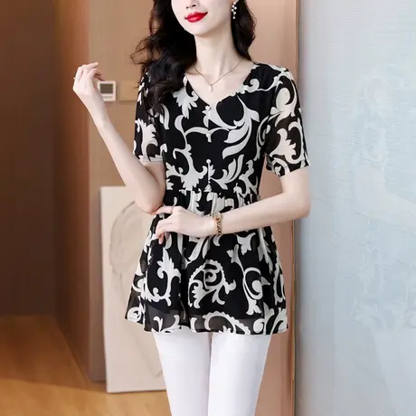 大码中长款雪纺衫女夏季2025新款别致气质减龄女上衣宽松显瘦小衫商品大图