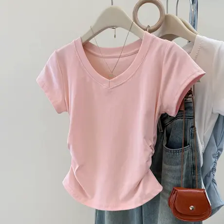 粉色少女感短袖T恤女夏季韩版修身打底衫短款内搭V领褶皱收腰上衣商品大图
