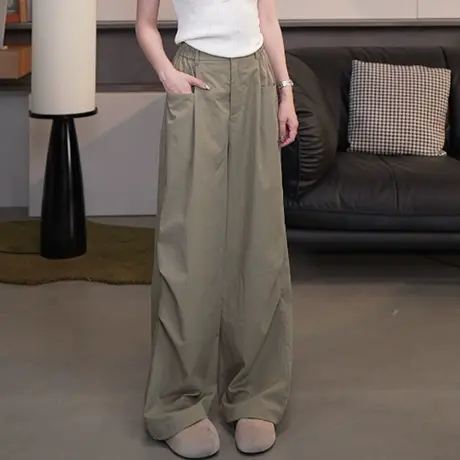 尔给夏季松紧腰凉感薄款速干裤女显瘦高腰休闲宽松垂感直通阔腿裤商品大图