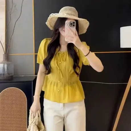 韩系简约时尚短袖衬衫女2025夏季薄款系带衬衣宽松显瘦小个子上衣商品大图