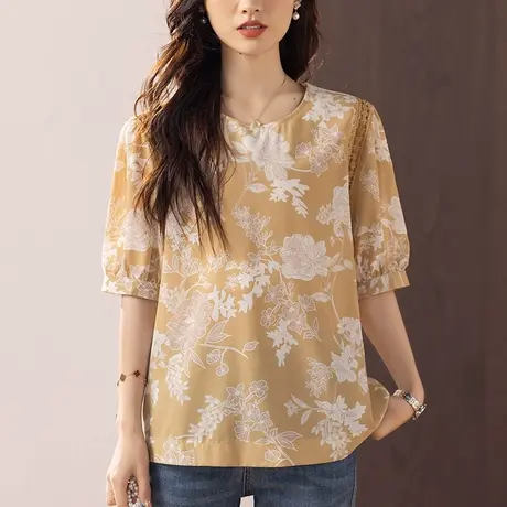 短袖t恤女夏季新款宽松加肥加大码中年妈妈镂空蕾丝拼接半袖体恤商品大图