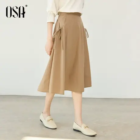 OSA欧莎卡其色高腰A字半身裙女士春季2025年新款休闲通勤显瘦伞裙商品大图