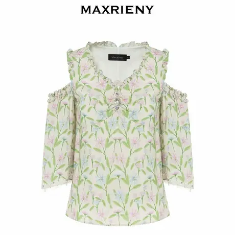 【奥莱】MAXRIENY欧式园艺风露肩喇叭袖雪纺衫田园风印花上衣商品大图