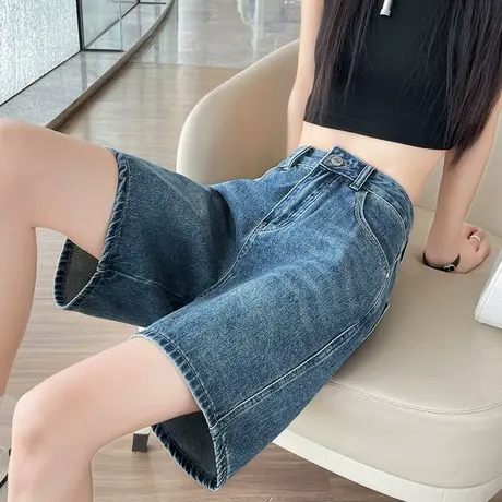 复古牛仔短裤女2025夏季薄款高腰直筒阔腿小个子宽松显瘦五分中裤商品大图