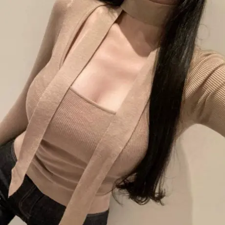 现货 韩国东大门 性感方领飘带紧身长袖针织体恤优雅女人味上衣商品大图