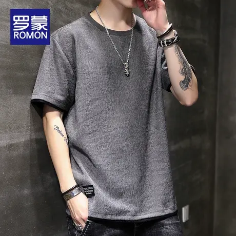罗蒙男士T恤夏季2025新款宽松圆领短袖男款潮牌纯色百搭体恤男生图片