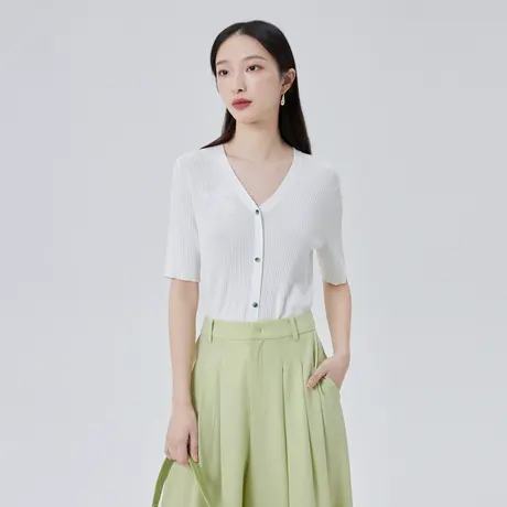 艾莱依高级提花针织衫女夏季新款设计感V领短袖气质风显瘦款上衣图片