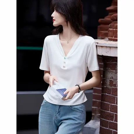 时尚短袖T恤2025年夏季新款女修身百搭V领简约大气显瘦百搭上衣商品大图