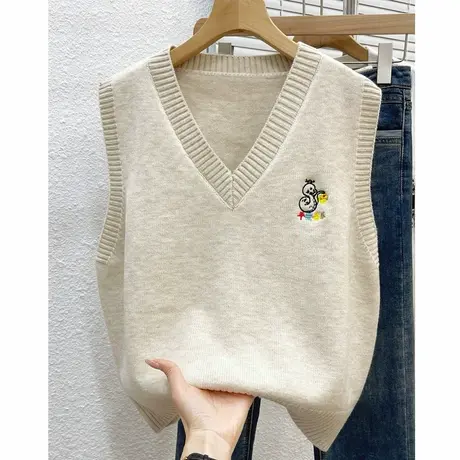平安喜乐刺绣蛇年针织马甲女外搭早春款V领叠穿宽松毛衣坎肩背心商品大图