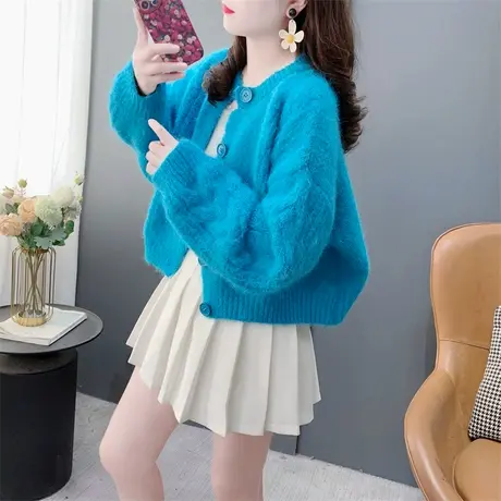 温柔风复古麻花圆领针织开衫女春季2025年新款百搭小个子毛衣外套商品大图