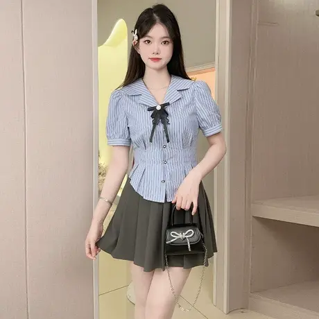 蓝色条纹韩系学院风衬衫女设计感收腰短袖上衣小众夏季短款小个子图片
