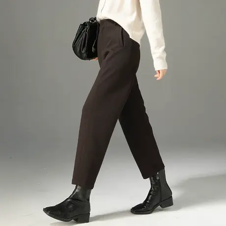 咖色毛呢哈伦裤女秋冬新款小个子九分加厚羊毛裤子休闲萝卜镰刀裤商品大图