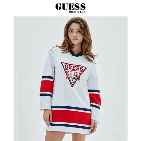 GUESS Originals女士学院风V领撞色条纹T恤连衣裙-W2YK32K7PU0商品大图