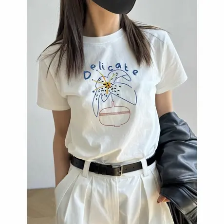 日系复古手绘花瓶卡通印花白色短袖女T恤夏圆领正肩宽松上衣体恤商品大图