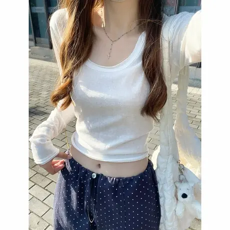 小个子短款正肩长袖T恤女春季韩版修身内搭打底衫薄款U领内透上衣商品大图