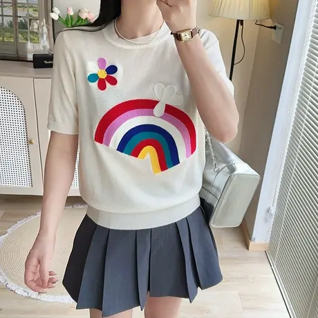 夏季薄款女士彩虹冰丝针织衫短袖t恤女2025新款设计感高级感上衣图片