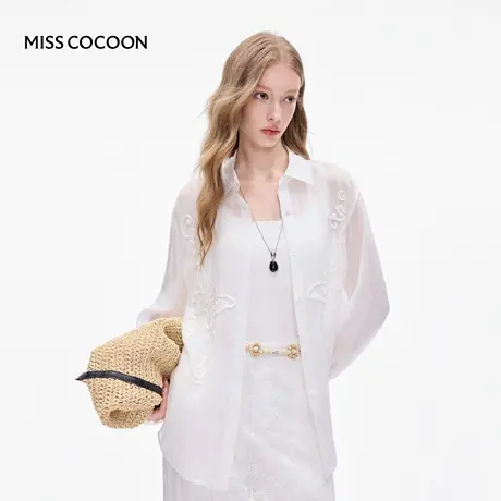 MISSCOCOON可可尼白色长袖绣花衬衫女2025秋季新款宽松苎麻上衣商品大图