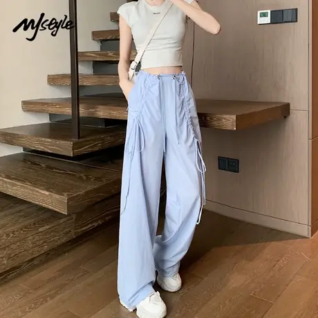 MJ STYLE窄版直筒工装裤女2025爆款显瘦高腰垂感蝴蝶结伞兵休闲裤商品大图