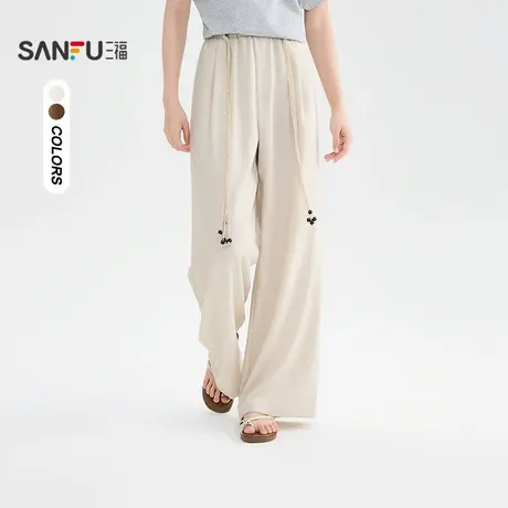 三福休闲裤2025夏季串珠装饰腰带宽松棉麻阔腿长裤女装503667商品大图
