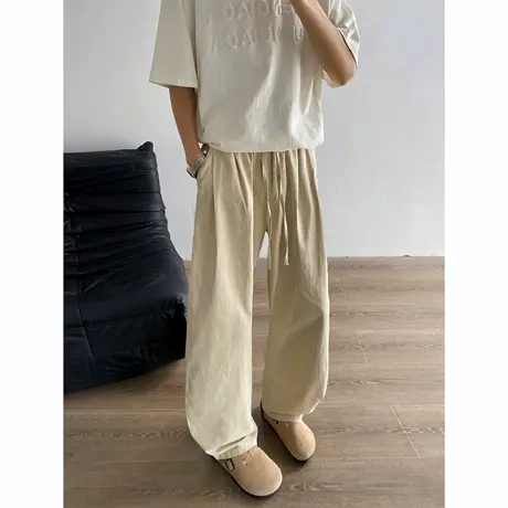美式褶皱垂感麻感西裤男夏季潮牌宽松直筒阔腿裤百搭休闲弯刀裤图片