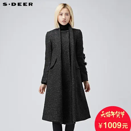 sdeer圣迪奥2017冬装气质复古暗黑花朵装饰毛呢大衣女S16481878图片
