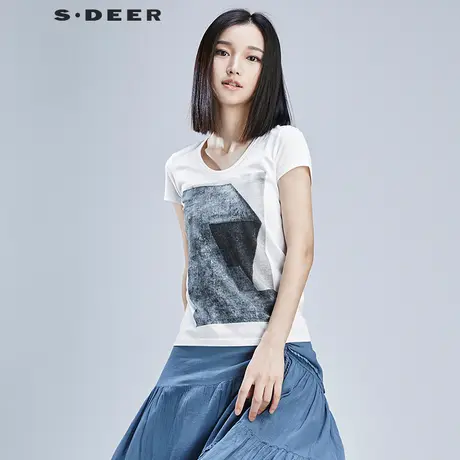 sdeer【新品】圣迪奥女装抽象水色几何印染T恤S16280102图片