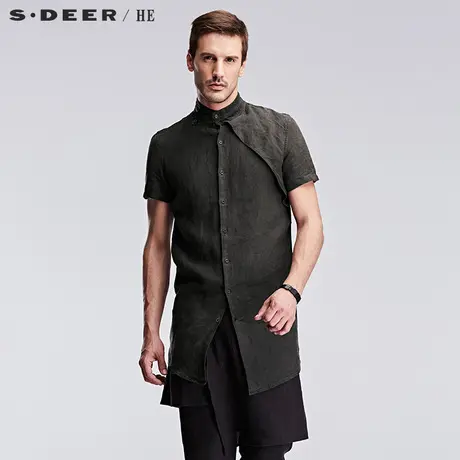 sdeerhe圣迪奥男装舒适时尚斜搭片文艺范纯色亚麻衬衫H15270445图片