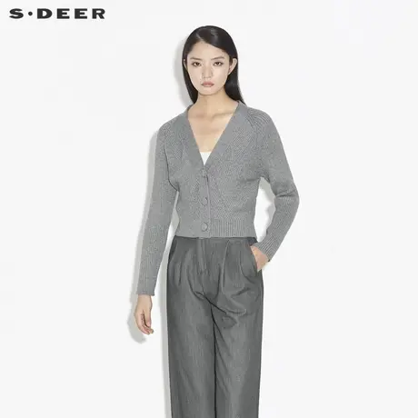 sdeer圣迪奥春装简约罗纹V领钩花开衫针织衫女S21363537图片