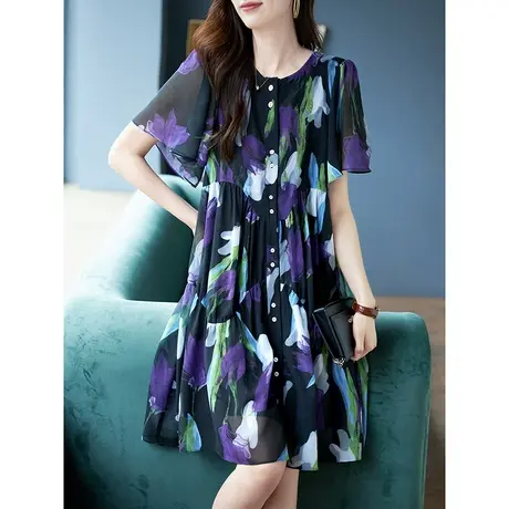 宝诗黎圆领印花单排扣连衣裙2025夏季新款短袖时尚减龄中长雪纺裙商品大图