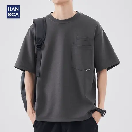 hansca日系多口袋短袖t恤男夏季2024新款重磅纯色圆领宽松上衣男图片