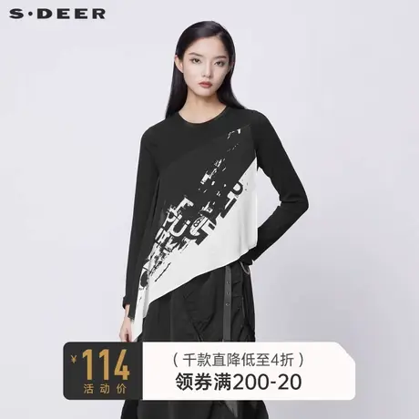 sdeer圣迪奥女装春秋装圆领字母印花雪纺拼接长袖T恤S21380219图片