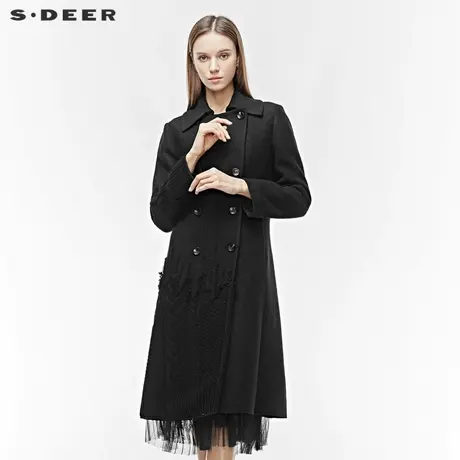 sdeer圣迪奥冬翻领双排扣插袋针织拼接毛呢大衣女冬外套S19481816图片