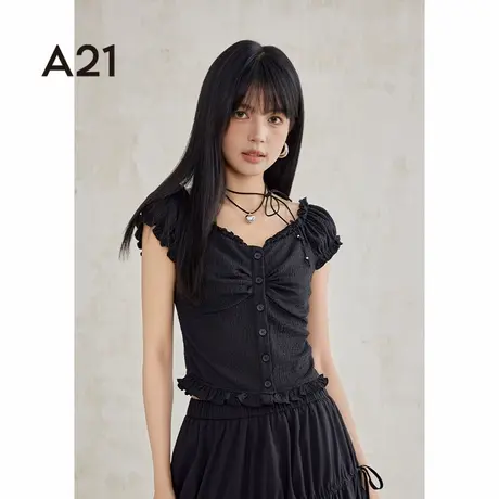 A21女装显瘦V领短袖T恤夏季时髦灯笼袖甜系短款衬衫商品大图