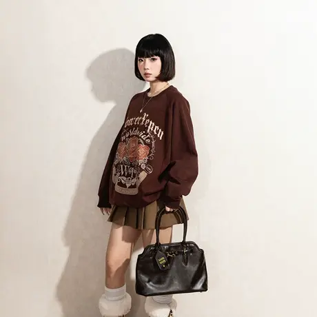 YEP复古印花雅丹风卫衣女春秋2025年新款宽松加厚插肩袖上衣加绒商品大图