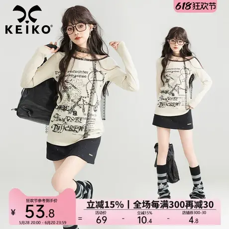 KEIKO[赠颈带]美式字母印花斜肩T恤25春季辣妹蕾丝拼接一字肩上衣图片