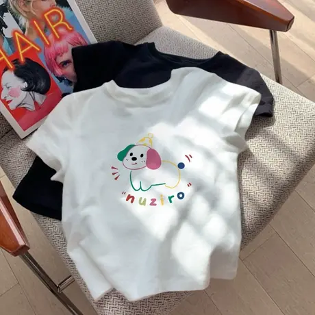 纯棉正肩百搭上衣小个子趣味小狗印花白色短袖T恤女夏季2025新款商品大图